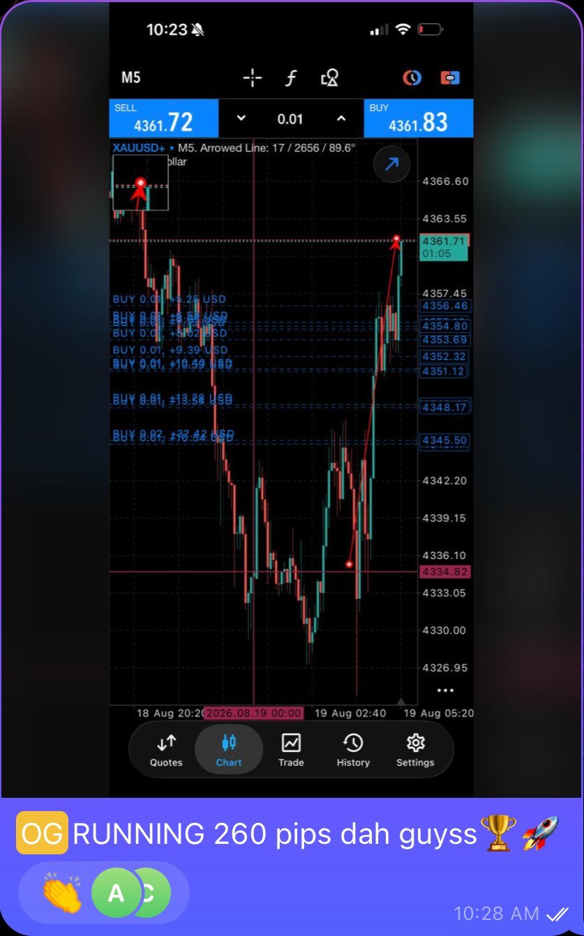 Screenshot chart M5 dengan caption OG RUNNING 260 pips